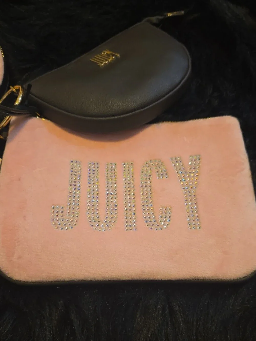 Juicy Couture Pink Velvet Crystal Logo Wristlet Trio with Black Pouch